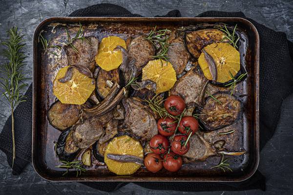 Lamb chops with aubergine, orange and anchovy