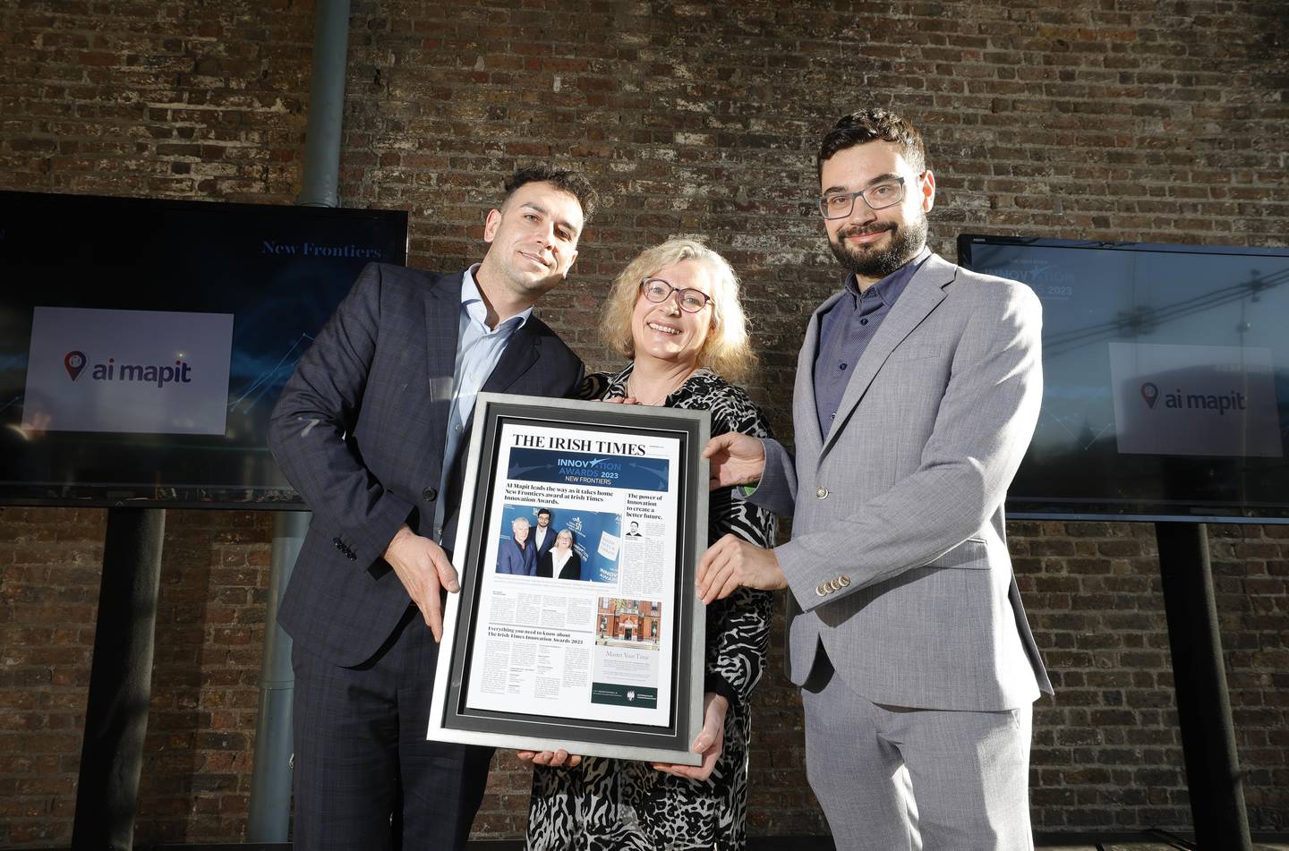 Luca Pistilli of UCD with Julie Connolly and Matej Ulicny of AI Mapit, winners of the New Frontiers category at The Irish Times Innovation Awards 2023. Photo: Conor McCabe