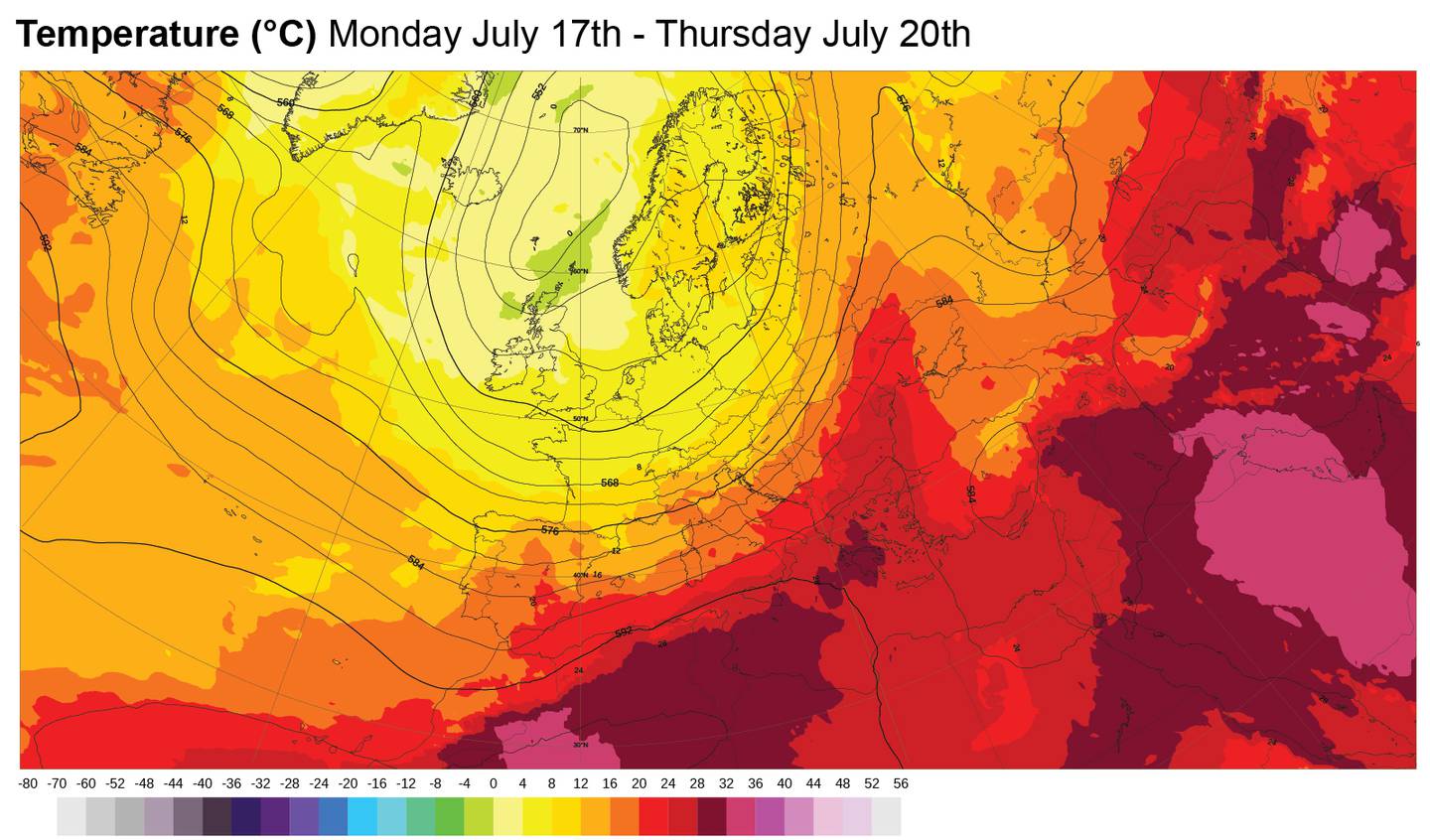 Temperature forecast from Monday July 17th - Thursday July 20th at 2 m above the earth's surface. Source: ECMWF (European Centre for Medium-Range Weather Forecasts)