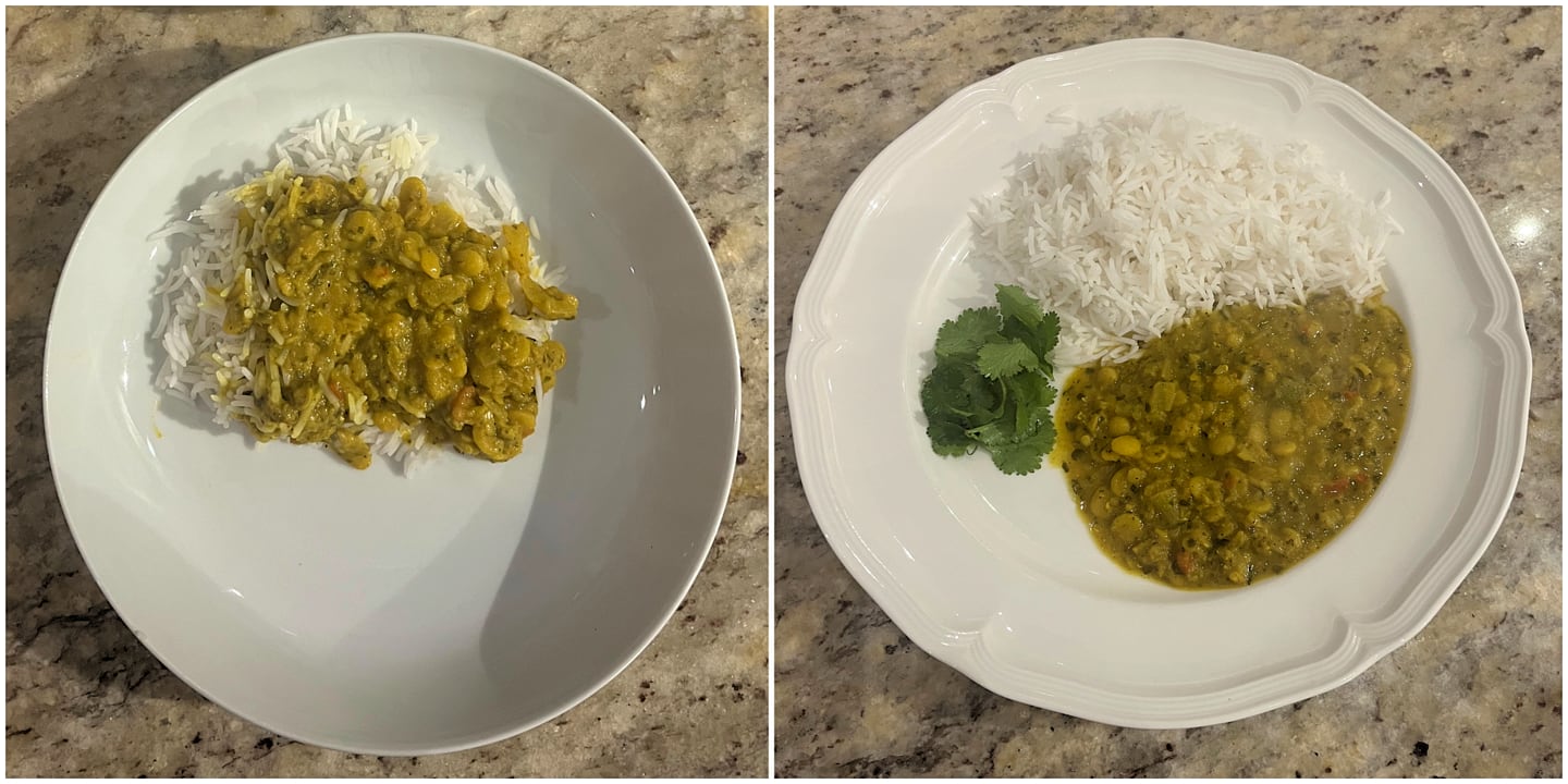 Left: An adult portion of basmati rice and vegetable dal, following healthy eating portion sizes, served in the smaller of two dinner bowls. Right: The same portion of rice and dal, served on a 28cm dinner plate. Vegetables were served separately to balance the nutritional content of the meal.