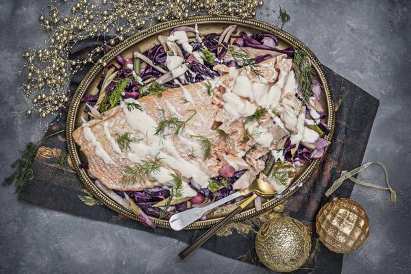 Baked salmon, warm red cabbage, fennel and Pernod crème fraiche