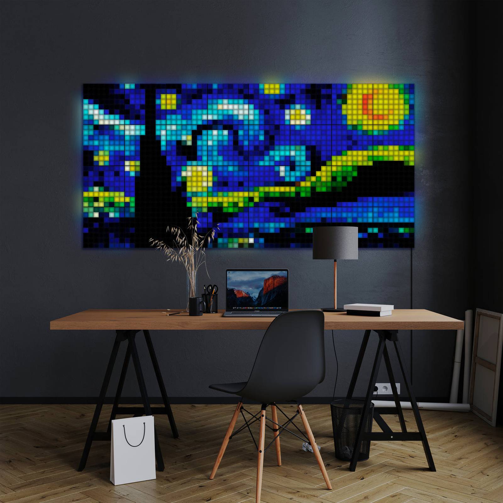 Digital art on the wall of an office - the art is created by small LED squares