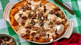 Sweet potato casserole with candied rosemary pecans
