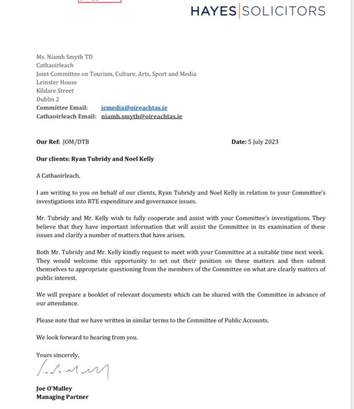 RTE letter: Ryan Tubridy and Noel Kelly volunteer to go to the media commitee.