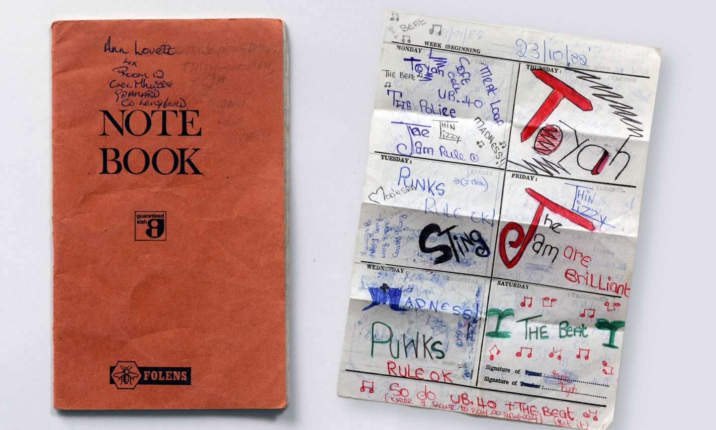 The cover of Ann Lovett's personal notebook and a page from Trisha Lovett's school journal dated October, 23rd 1982.