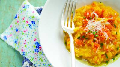 Béatrice Peltre’s Saffron-flavoured carrot risotto with  scallops and pistachios