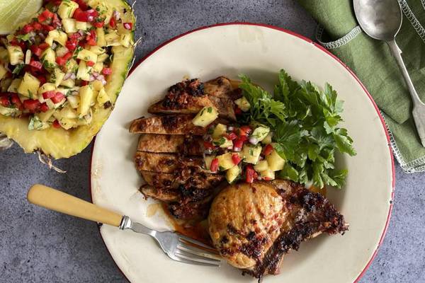 Pork chops with ’nduja and pineapple salsa