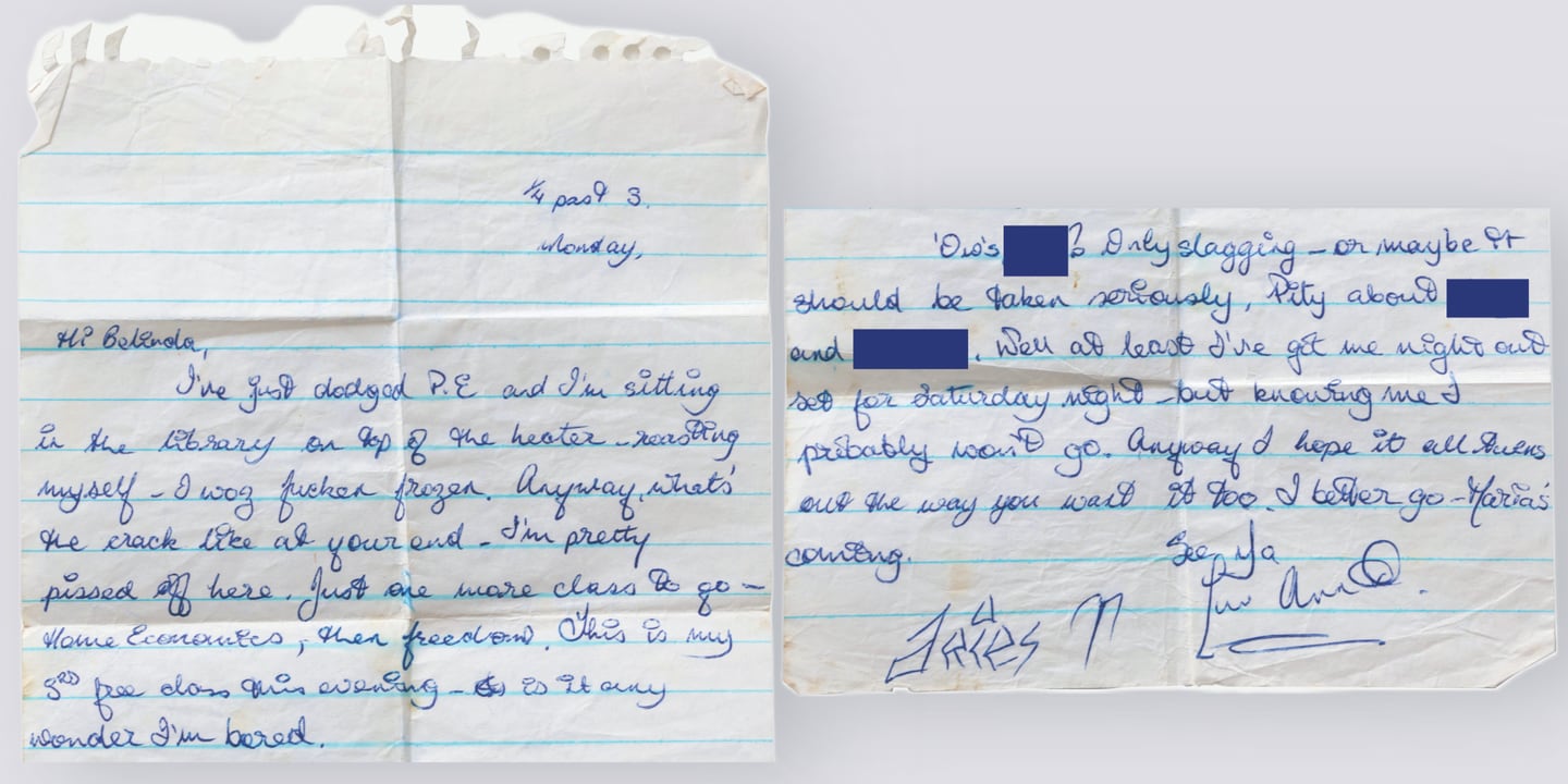 Ann Lovett's final note to Belinda Lee. It was dated Monday, the day before she died, and found in her schoolbag. Ann’s mother later gave the note to Belinda.