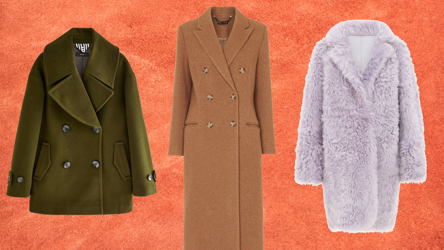 Pea coat, €101, Next; Camel coat, €365, Whistles; Faux fur coat, €375, Whistles.