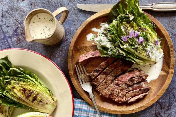 Whiskey steaks with grilled lettuce and buttermilk ranch dressing
