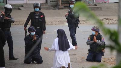 ‘They can kill me’: Nun kneels before Myanmar police in plea against shooting