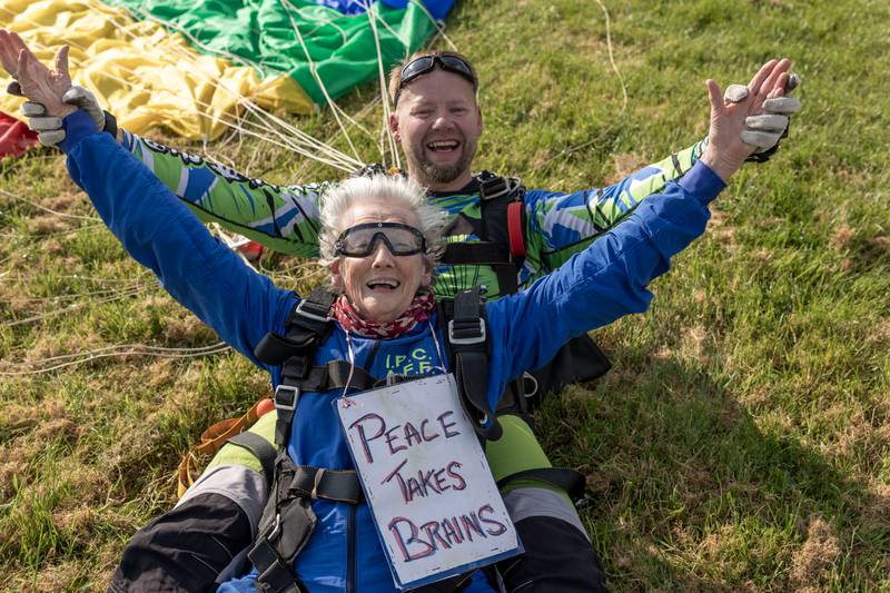 Irish cultural trailblazer Lelia Doolan celebrates 90th birthday with charity skydive