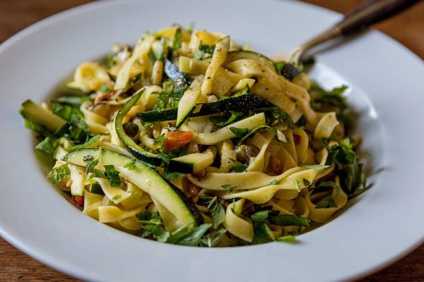 Pasta with courgettes, lemon, pine nuts and herbs