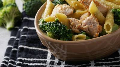 A belly-warming two-cheese chicken and broccoli pasta bake