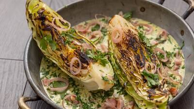 Mark Moriarty’s roasted cabbage with quick bacon and parsley sauce, pickled shallots