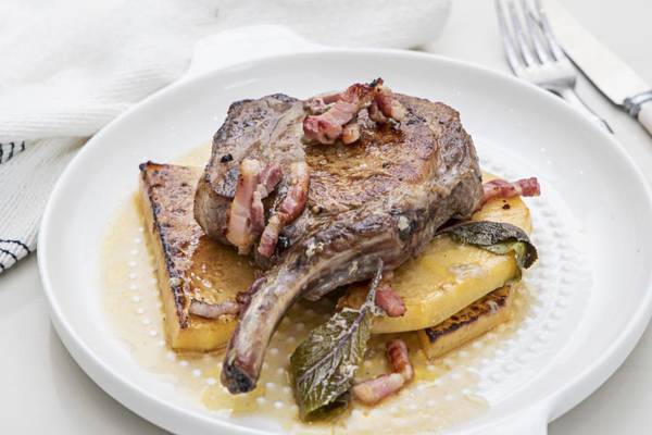 Pork chops, glazed turnips and smoked bacon