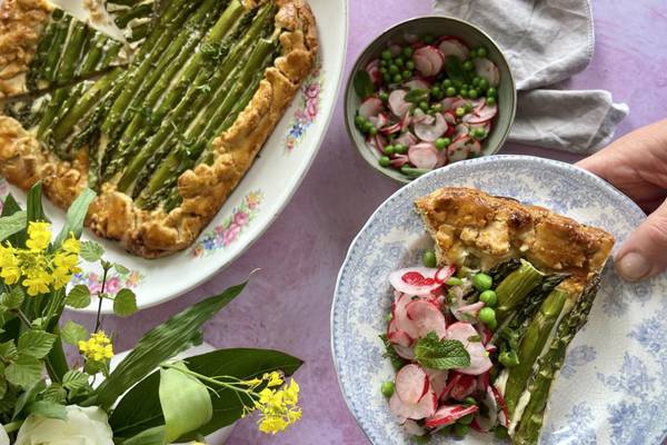 A simple but stunning buttery pastry tart with asparagus and feta