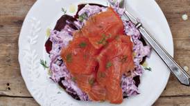Smoked salmon salad with beetroot, red cabbage and horseradish