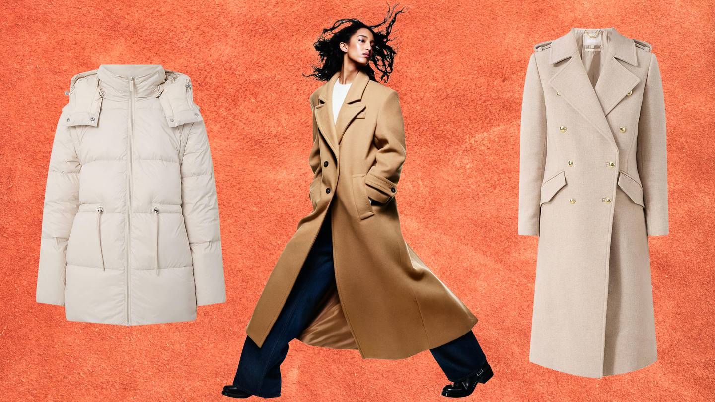 Coat, €279.95, Part Two, Styled by Sarah Rickard; Cream tailored coat, €385, Barbour, Arnotts; Camel coat, €xx, H&M.