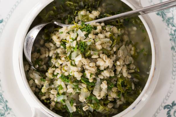 Spring greens, barley and chicken broth