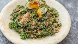 Quinoa and kale salad with smoked mackerel, tahini dressing and a soft-boiled egg
