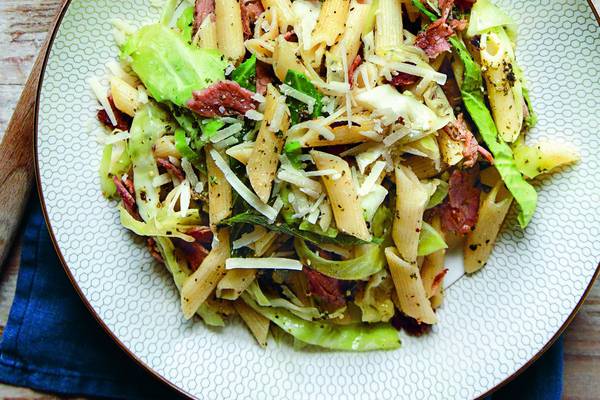 Currabinny Penne pasta with ham and cabbage, kale, cashew and wakame pesto and pickled walnut