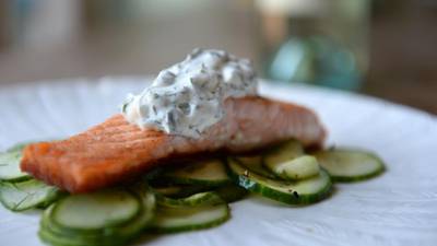 Grilled salmon and marinated cucumber