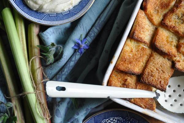Rhubarb Bread and Butter Pudding