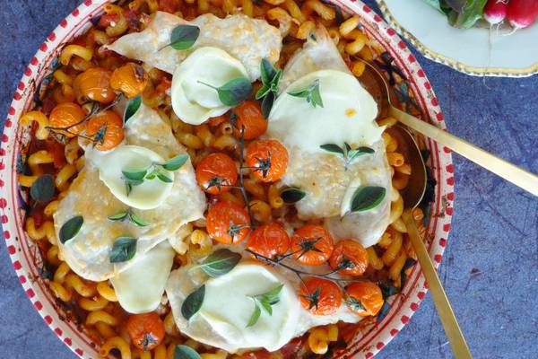 One-tray chicken and pasta bake with a cheesy twist