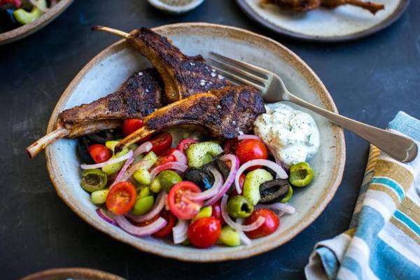 Spiced barbecued lamb chops with tzatziki & Greek salad