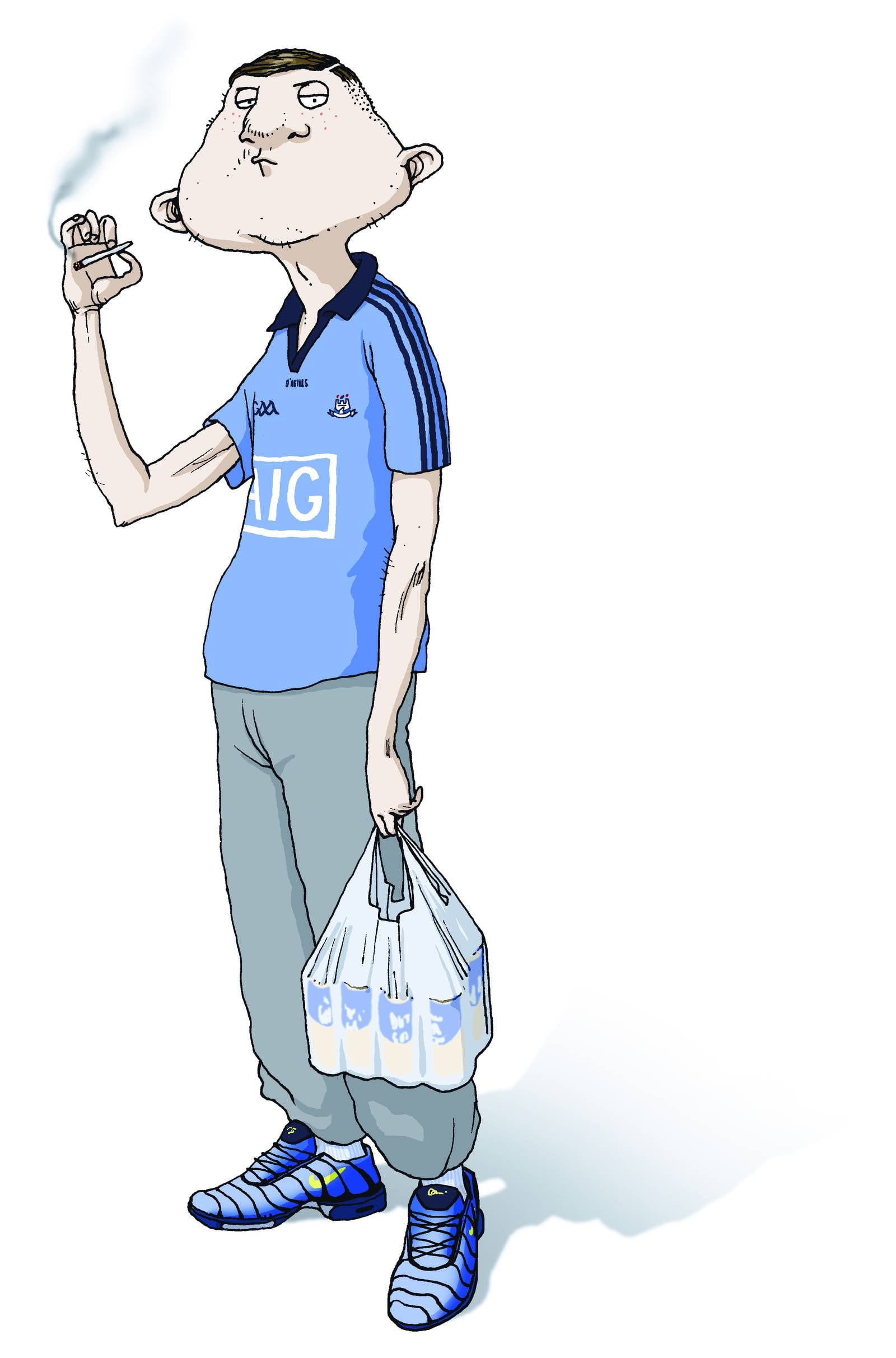 Ross O'Carroll-Kelly: Ronan with a bag of cans. Illustration: Alan Clarke