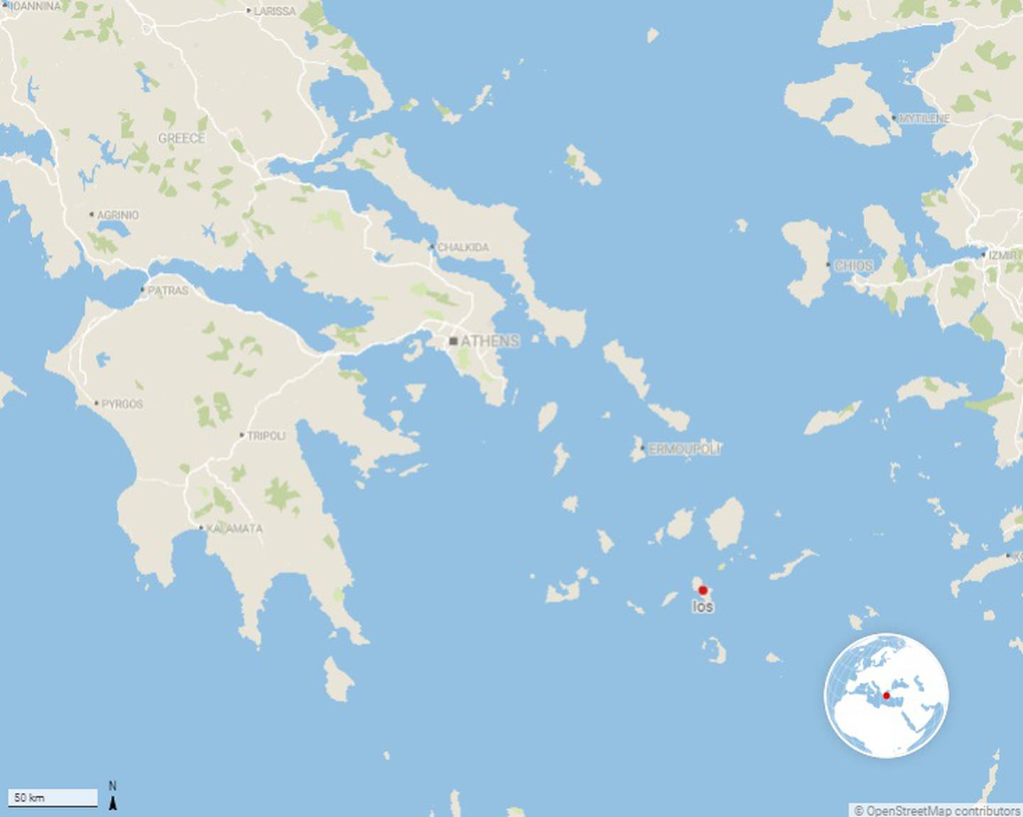 Map showing the Greek island of Ios