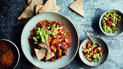 The Happy Pear: a burrito bowl with homemade guacamole and salsa for sharing