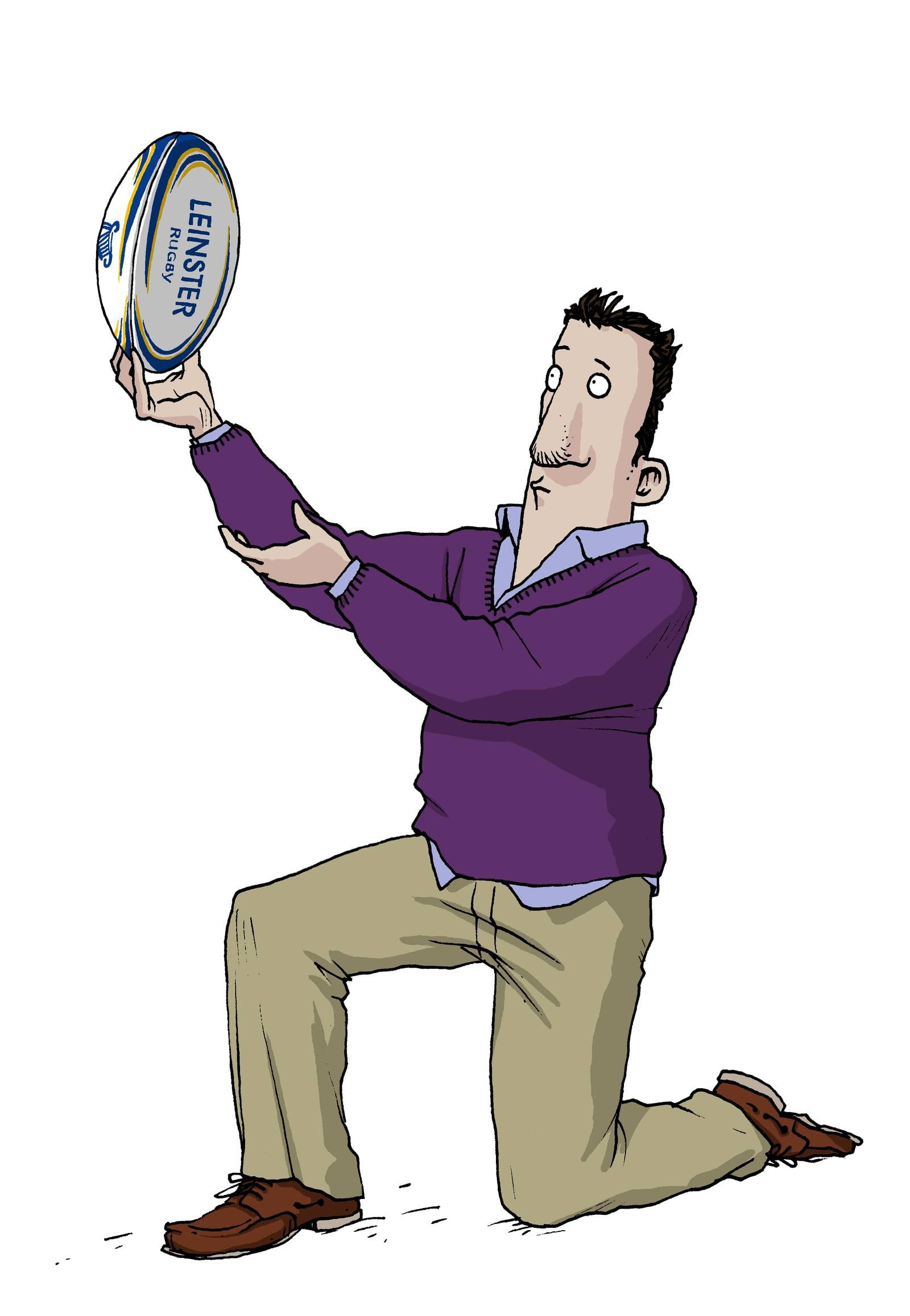 Ross O'Carroll-Kelly holds a rugby ball. Illustration: Alan Clarke.