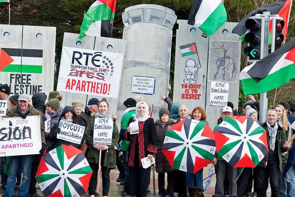 Protesters outside RTÉ call for boycott of the Eurovision