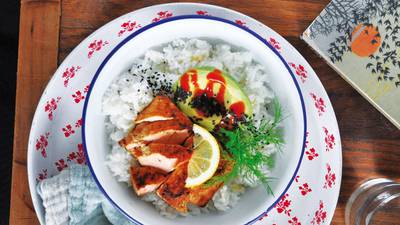 A simple fish and rice dinner in a bowl