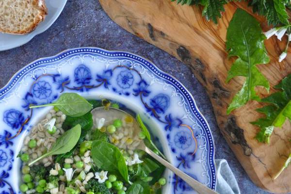 Spring greens minestrone with barley soup