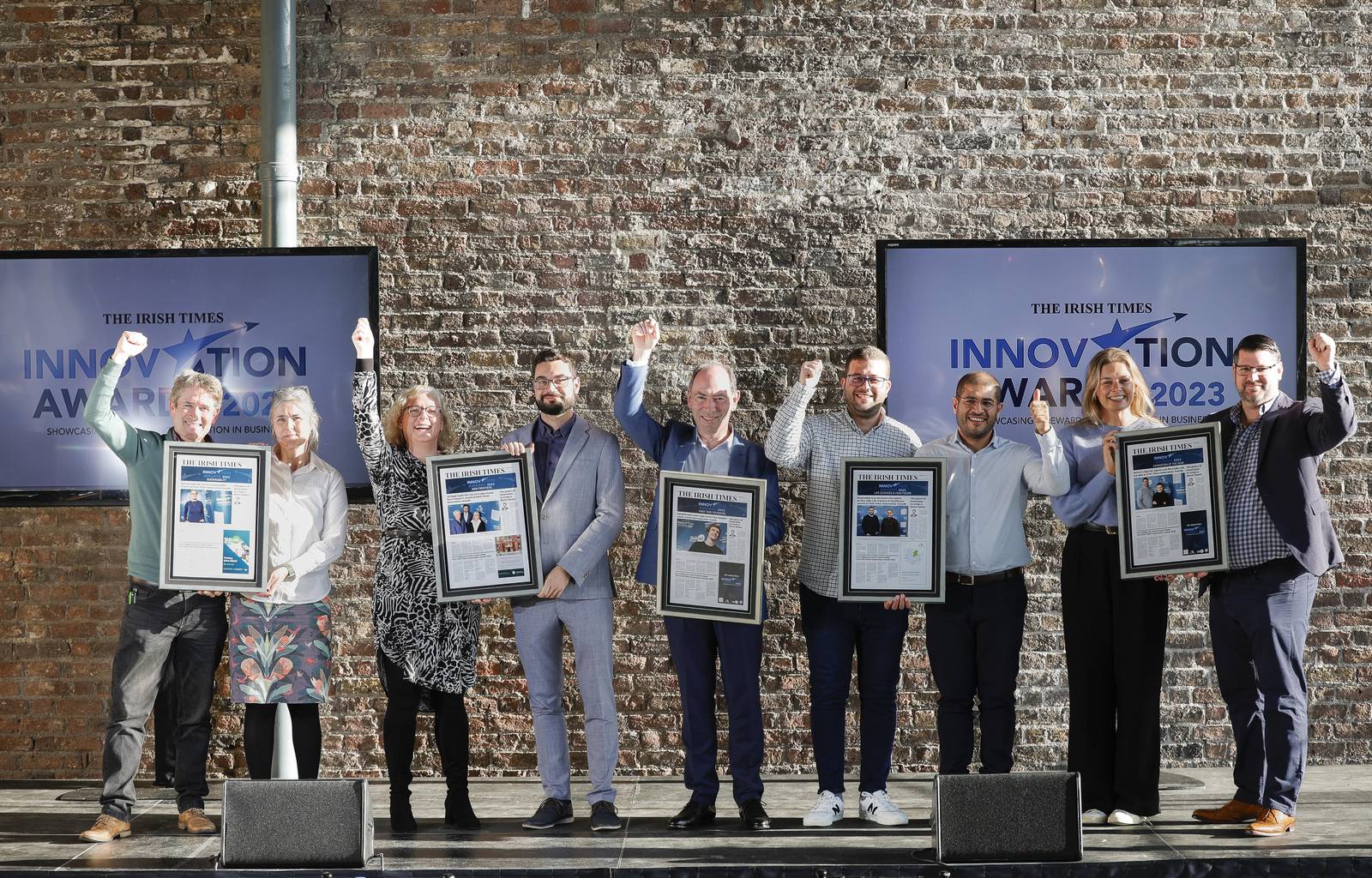 (From left): Kieran Coffey and Fiona Kelleher of MyGug, Julie Connelly and Matej Ulicny of AI Mapit, Prof Denis Dowling of Infraprint, Muhammad Yassin and Muneer Sawaied of Genicity, and Hannah Thornton and Colin Morrissey of Orreco, all winners at The Irish Times Innovation Awards 2023. Photo: Conor McCabe