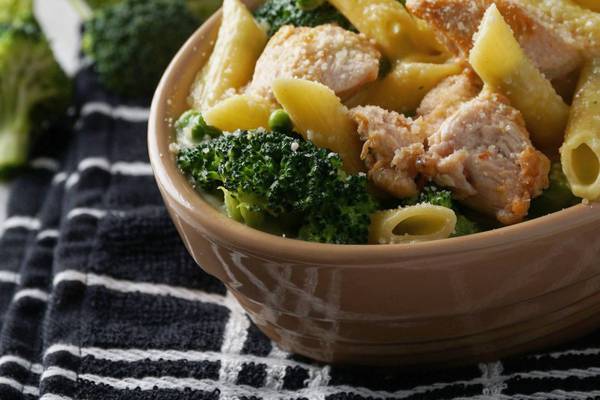 A belly-warming two-cheese chicken and broccoli pasta bake