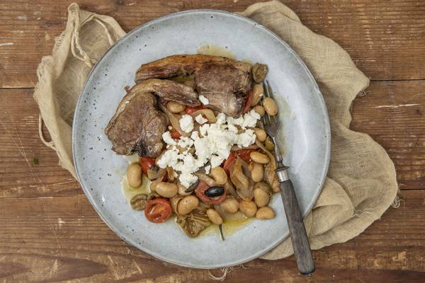 Grilled lamb chops, caramelised onion, butter bean and feta bake