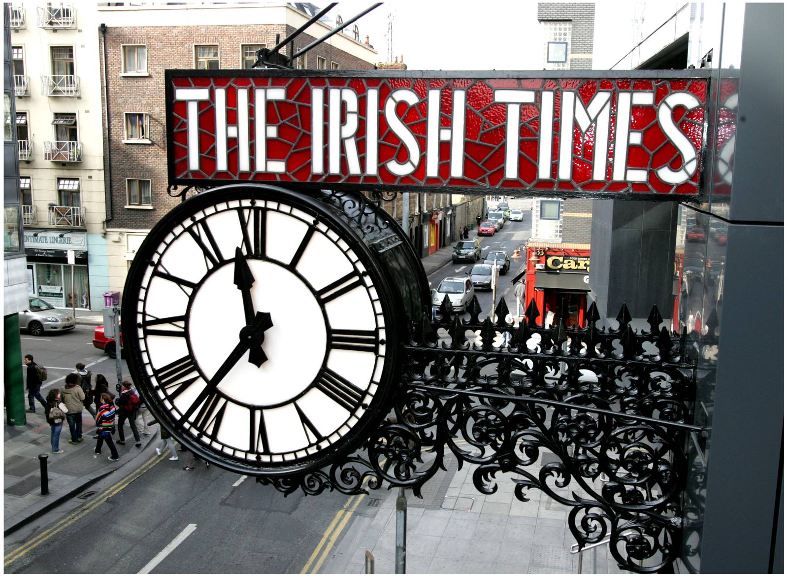 The Irish Times clock on the Tara Street office of The Irish Times when it was first erected in 2008. Photograph;David Sleator