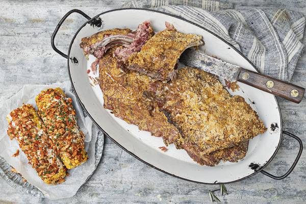 Crisp rack of bacon ribs, messy and delicious sweetcorn