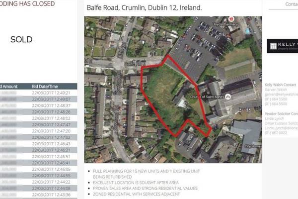 Dublin 12 development site sells for €1.5m using BidX1  platform