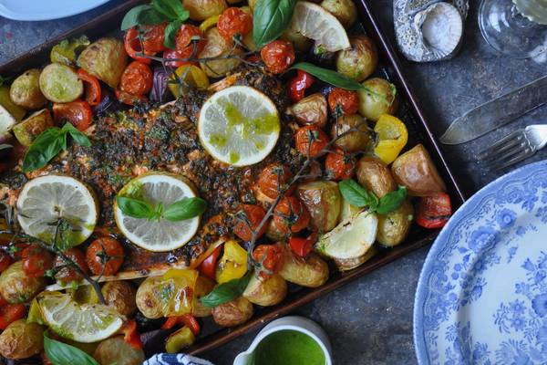Lilly Higgins: Salmon tray bake with basil dressing