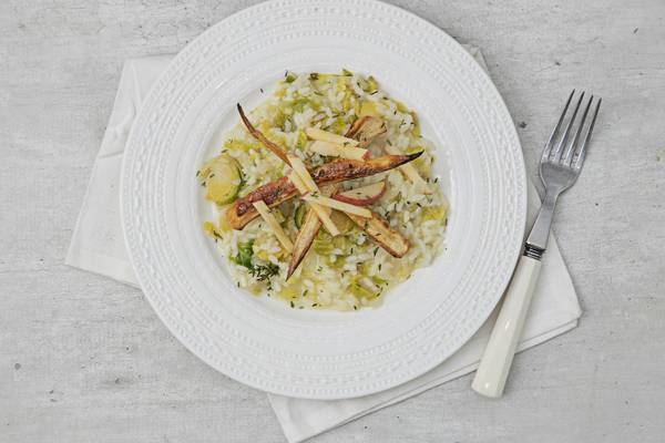 Brussels sprout and apple risotto, toffee parsnips