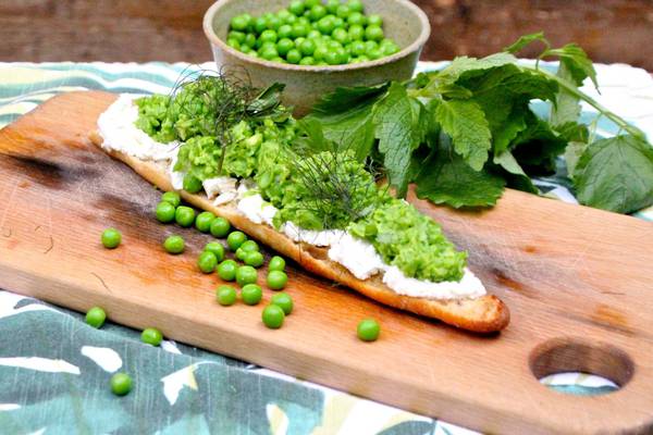 Smashed peas and whipped goat cheese on toast
