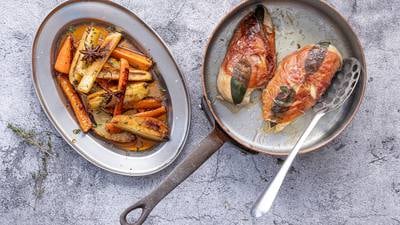 Chicken saltimbocca with roasted roots