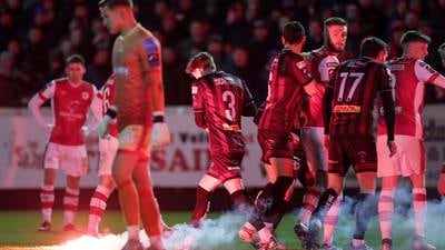 Bohs player Cian Byrne struck by flare as they beat St Pat’s