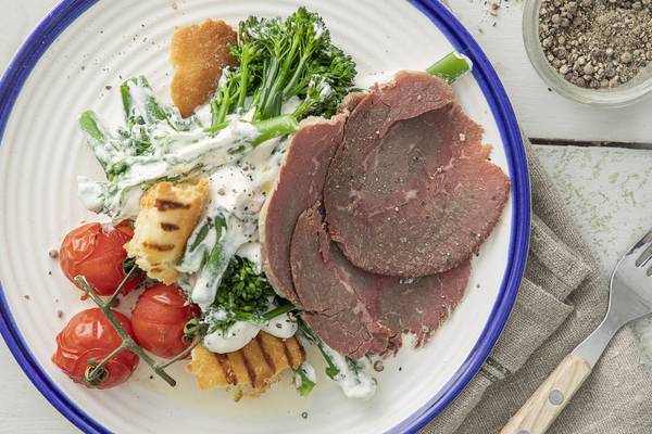Caesar dressed purple sprouting broccoli with McGrath’s corned beef