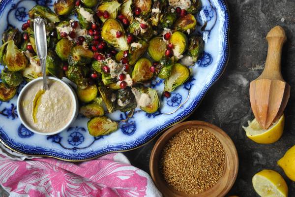 Roast sprouts with homemade tahini sauce